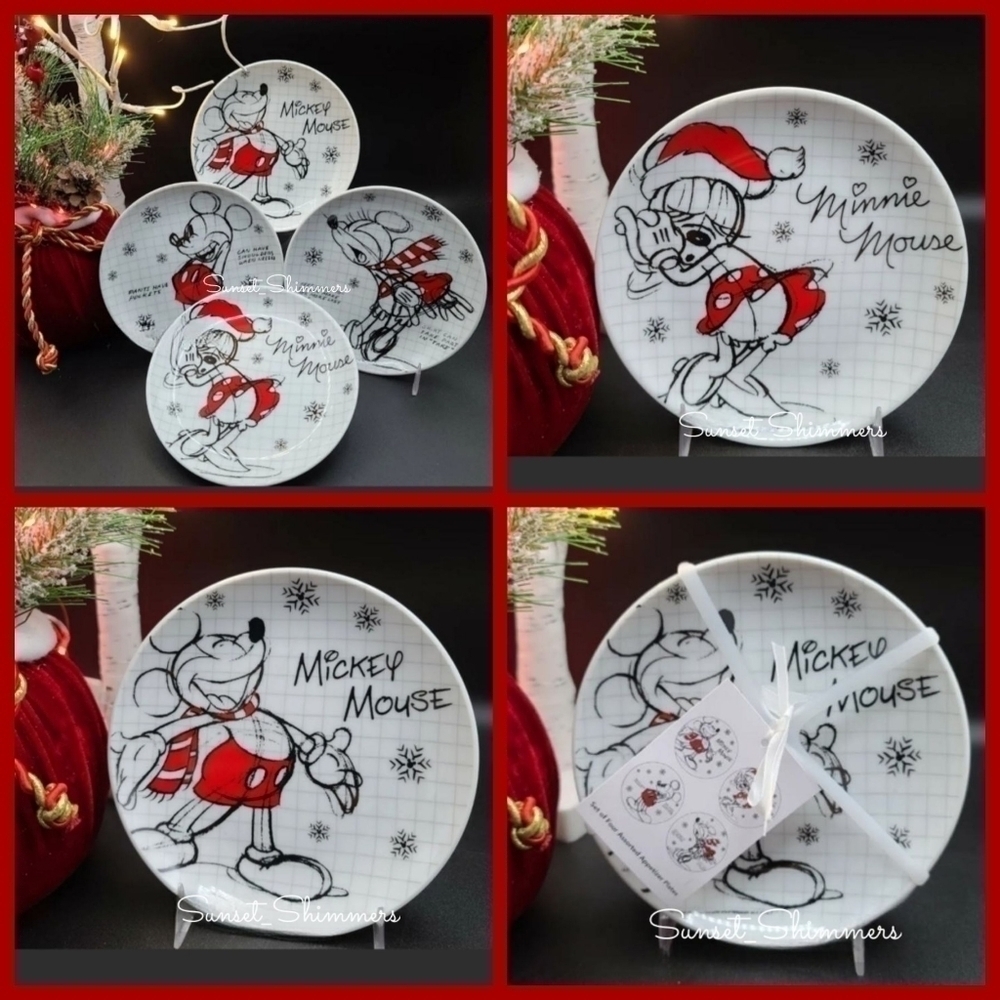 4 Disney Sketchbook Mickey Mouse Minnie Snowflake Christmas App Dessert Plates